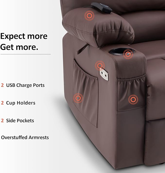 MCombo Power Lift Recliner Chair for Elderly, Lift Chair with Heat and Massage, USB &Type C Ports, Cup Holders, Faux Leather 7095 (Medium, Light Brown)