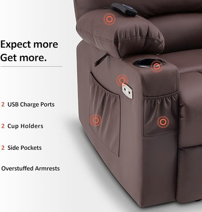 MCombo Power Lift Recliner Chair for Elderly, Lift Chair with Heat and Massage, USB &Type C Ports, Cup Holders, Faux Leather 7095 (Medium, Light Brown)