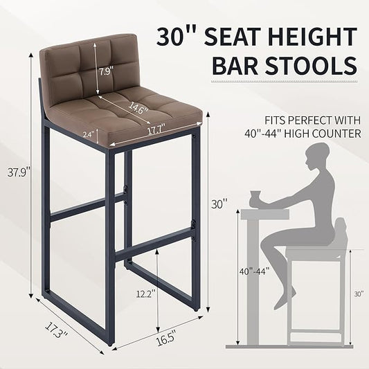 Set of 2 Barstools, Counter Height Bar Stools with Back, Faux Leather, Thickened Metal Legs, 30-inch Island Chairs for Kitchen Island, Bar, Counter (Coffee Brown, 2Pcs 30" Bar Stools)