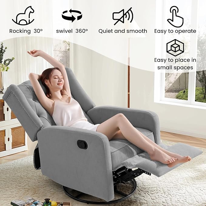 360 Swivel Rocker Recliner Chair for Adults, Nursery Chair for Small Spaces Living Room, Upholstered Fabric Glider Recliner, Pigeon Grey