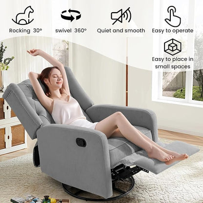 360 Swivel Rocker Recliner Chair for Adults, Nursery Chair for Small Spaces Living Room, Upholstered Fabric Glider Recliner, Pigeon Grey