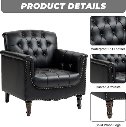 Lumibee Faux Leather Armchair, Contemporary Accent Chair with Nailhead Trims & Wood Legs for Living Room, Upholstered Comfy Arm Chair for Office,Bedroom-Black