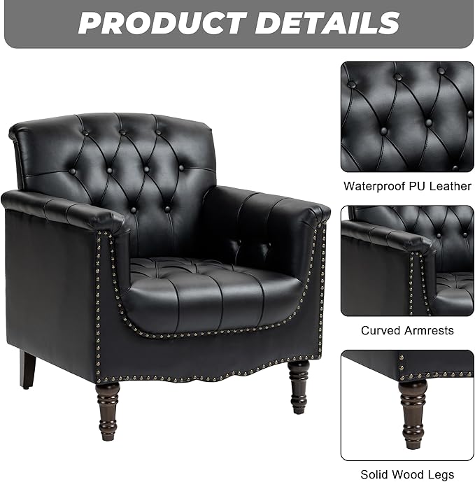 Faux Leather Accent Chairs Set of 4, Upholstered Armchairs with Nailhead Trims & Wood Legs for Living Room, Bedroom, Contemporary Comfy Club Chairs for Office-Black