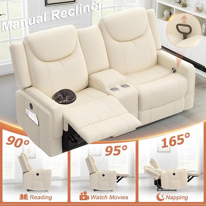 Loveseat Recliner Sofa, Beige PU Leather Double Recliner Loveseat with Console, Cup Holders, Storage & USB Ports, Ergonomics，Manual Reclining Sofa Couch for Living Room, RV