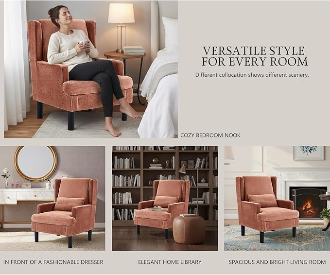 Accent Chair for Living Room Chairs Upholstered Oversized Reading Chair Armchair Accent Chairs for Living Room Chair with High Back and Wood Legs, Arm Chair Comfy Chair for Bedroom(Orange red)