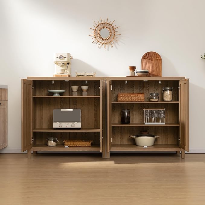 SICOTAS Sideboard Buffet Coffee Bar Cabinet - 3 Pieces Farmhouse Boho Rattan Credenza Storage Cabinet with Large Storage for Kitchen, Living Room, Entryway, Oak