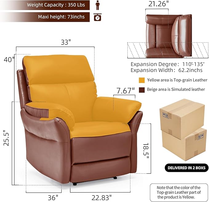 AIRSKY Genuine Leather Recliner Chair, Top Grain Leather, Italian Water-Washing Process, Recliner Chairs for Adults, for Living Room, Theater Seating, Bedroom. R1, Reddish Brown