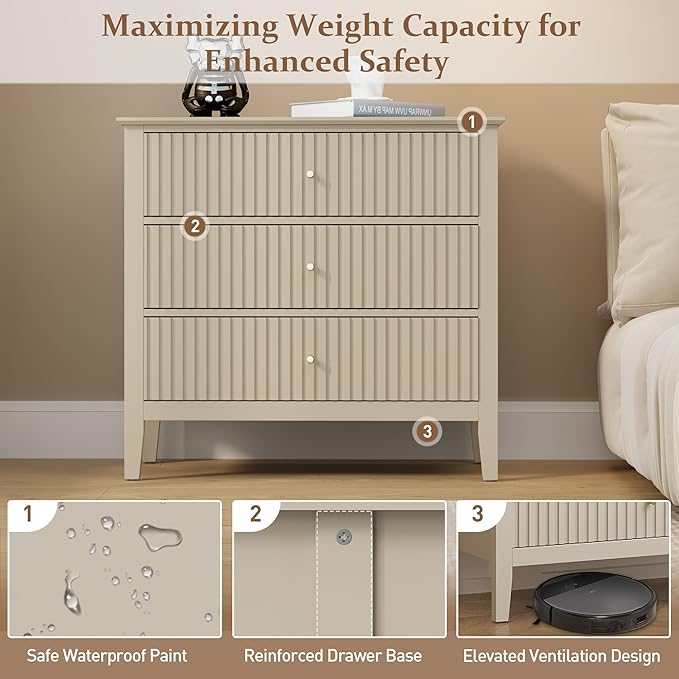 RoyalCraft Beige Fluted 3 Drawer Dresser, 32 inch Wide Dresser Nightstand for Bedroom, Modern Wood Chest of Drawers, Large Painted Nightstand with 3 Drawers for Closet, Hallway, Entryway