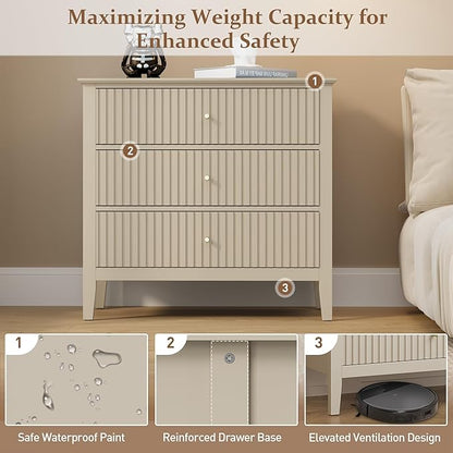 RoyalCraft Beige Fluted 3 Drawer Dresser, 32 inch Wide Dresser Nightstand for Bedroom, Modern Wood Chest of Drawers, Large Painted Nightstand with 3 Drawers for Closet, Hallway, Entryway