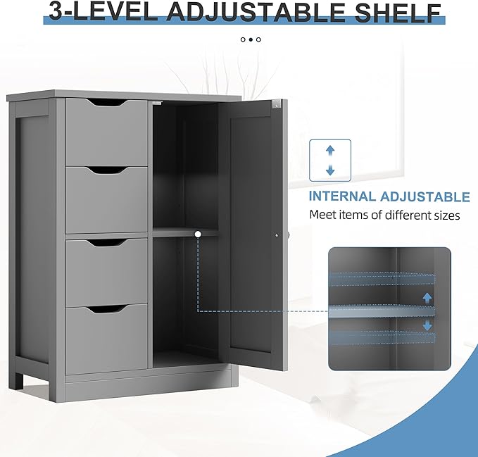 Shintenchi Bathroom Floor Storage Cabinet, Wooden Storage Organizer with 4 Drawers and 1 Cupboard, Freestanding Bathroom Furniture, Home Storage Unit with Adjustable Shelf, Gray