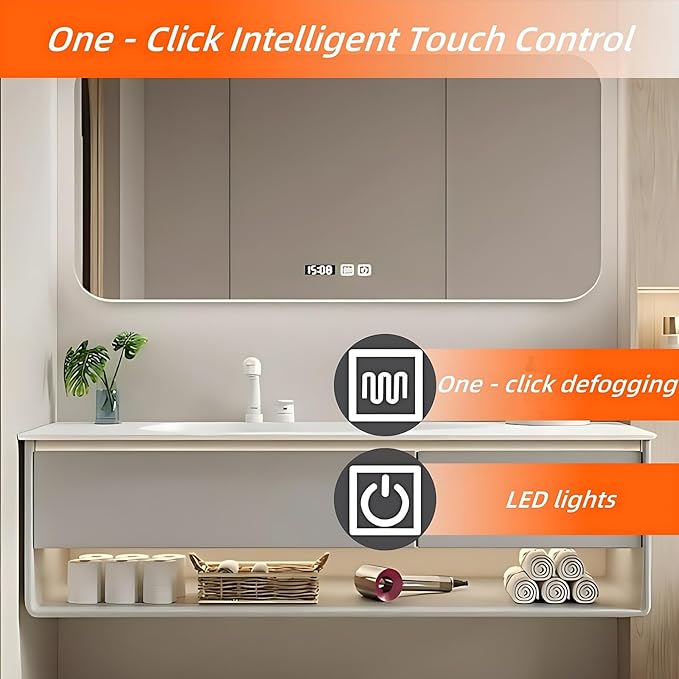 48IN Grey Bathroom Vanity Set - Floating Bathroom Vanity with Single Sink | Including LED Smart Defogging Mirror Cabinet & Time Display Function, Equipped with Motion Sensing Light Strip (Style B)