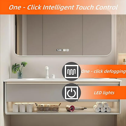 52IN Grey Bathroom Vanity Set - Floating Bathroom Vanity with Single Sink | Including LED Smart Defogging Mirror Cabinet & Time Display Function, Equipped with Motion Sensing Light Strip (Style B)