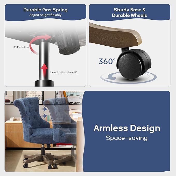 HUIMO Home Office Chair Upholstered Armless Desk Chair with Wheels Adjustable Height Computer Desk Chair with Wooden Legs Linen Comfortable Swivel for Farmhouse Study Studio (Blue)