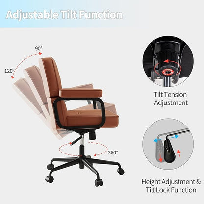 Brown Office Chair, Modern Leather Desk Chair with Wheels and Arms, Adjustable Height, Comfy Wide Desk Chair with Lumbar Support