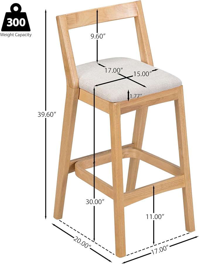 Christopher Knight Home Yone Counter Height Bar Stools Set of 2, Comfy Fabric Upholstered Bar Stool for Kitchen Island, Wooden Dining Room Chair, Barstools with Footrest/Backrest, Beige + Natural
