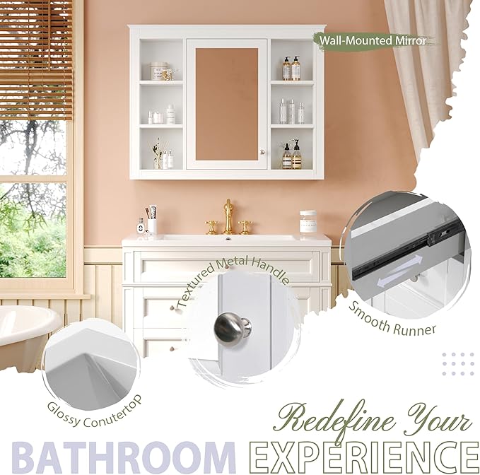 36" Bathroom Vanity with Matching Medicine Cabinet, Modern Sink Storage Cabinet with Drawers, Soft Closing Doors and Shelf, Bathroom Vanities with Sink & Mirror