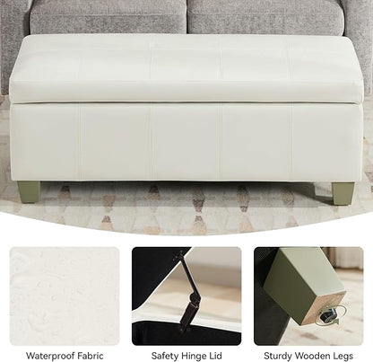51" Faux Leather Storage Ottoman, Stitch Tufted Rectangle Upholstered End of Bed Storage Bench, Entryway Large Couch Ottoman with Wooden Legs,White