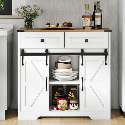 Vabches Bathroom Floor Cabinet, Farmhouse Storage Cabinet with Sliding Barn Door and Storage Drawers, White Buffet Cabinet with Adjustable Shelves for Bathroom, Kitchen, Entrance Area, Living Room