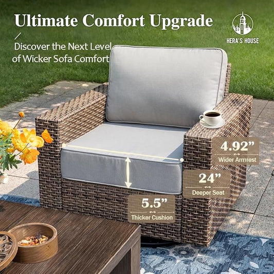 HERA'S HOUSE Swivel Glider Patio Furniture Set with 4.92" Wide Armrest 5.5" Thick Cushions, 5 Pieces Outdoor Wicker Conversation Sets for Lawn Backyard Deck, Grey