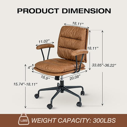Brown Office Desk Chair, PU Leather Chair with Lumbar Support, Removable Armrests, Comfortable Adjustable Swivel Task Chair for Home, Office, Small Space,Dresser, Bedroom