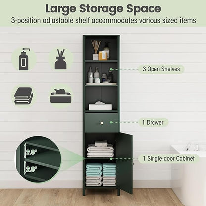 Tangkula 67" Tall Bathroom Cabinet, Narrow Floor Cabinet w/Fluted Door, 3 Open Shelves & 1 Drawer, Freestanding Storage Organizer w/Adjustable Shelf & Anti-tip Kit for Kitchen, Living Room (Green)