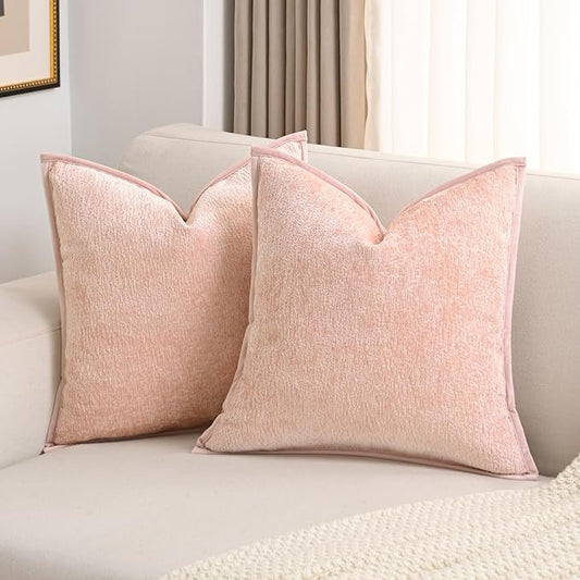 FUTEI Pink Chenille Throw Pillow Covers 26x26 Inch Set of 2,Soft Cozy Bound Edge Design Euro Pillow Sham,Home Decor for Couch Bed Living Room