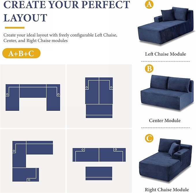 134''Oversized Modular Sectional Sofa Boneless Cloud Couch with Chaise Comfy Sectional Couches for Living Room,Bedroom,Apartment (Blue, 134''W U-Shaped)