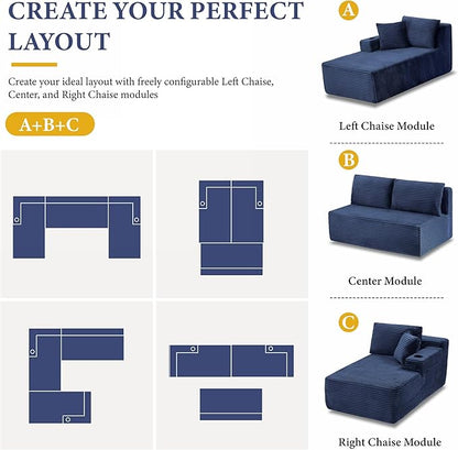 134''Oversized Modular Sectional Sofa Boneless Cloud Couch with Chaise Comfy Sectional Couches for Living Room,Bedroom,Apartment (Blue, 134''W U-Shaped)