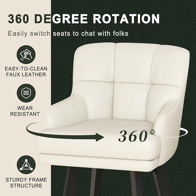 360°Swivel Counter Height Bar Stools with Back, 26 inch Solid Wood Legs, Bar Stool Modern Kitchen Island Chairs, Faux Leather (Beige- Faux Leather, 26" H- Set of 2)