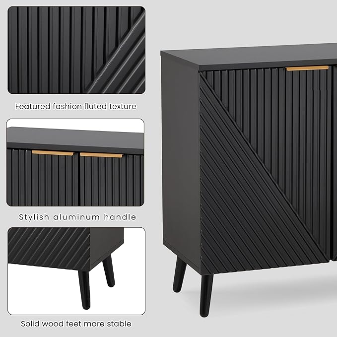 Fluted Storage Cabinet with Doors Set of 2, Wooden Sideboard Buffet Cabinet with Adjustable Shelves, Modern Accent Table for Living Room, Entryway, Black