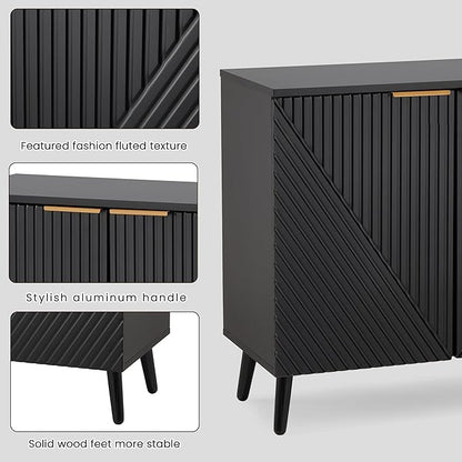 Fluted Black Storage Cabinet with Doors, Wood Sideboard Buffet Cabinet with Adjustable Shelf, Modern Accent Table for Living Room, Entryway