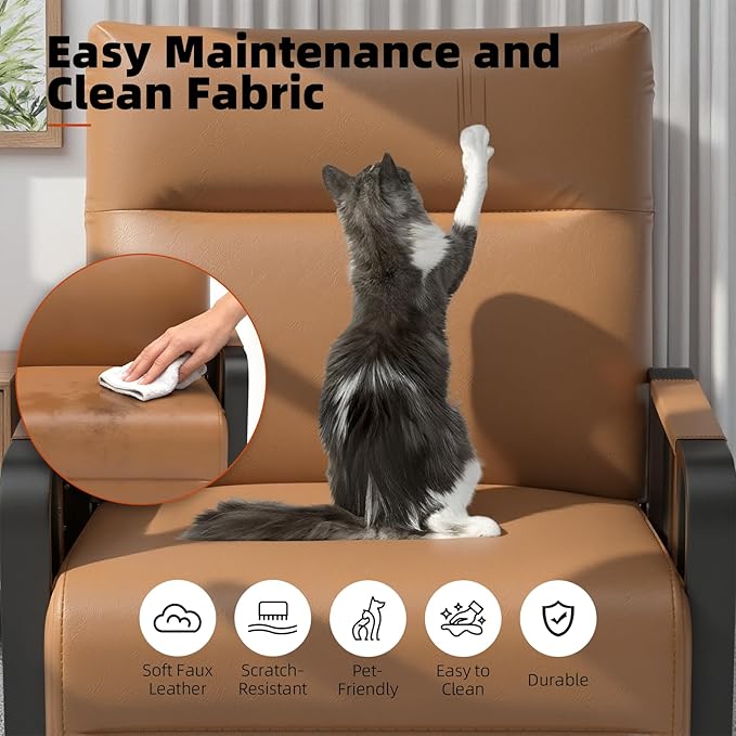 Upholstered Accent Chair, Modern Faux Leather Sofa Chair with Foldable Side Tray Table & Storage Pocket, Small Accent Sofa for Living Room, Bedroom, Reception Room, Brown