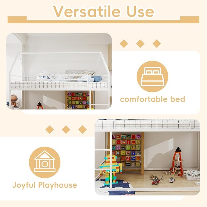 Bunk Bed Twin Over Twin, House Bunk Bed Frame with Ladder and Guardrail, House Shaped Bunk Bed Frame with Metal Slats for Girls Boys, Space Saving, No Box Spring Needed (White)