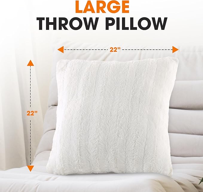 Cheer Collection Faux Fur Throw Pillows - Decorative Pillows for Couch, Bed Throw Pillows, White Accent Pillows for Bedroom or Living Room Aesthetic, Set of 2 Furry Throw Pillows, 22" x 22"