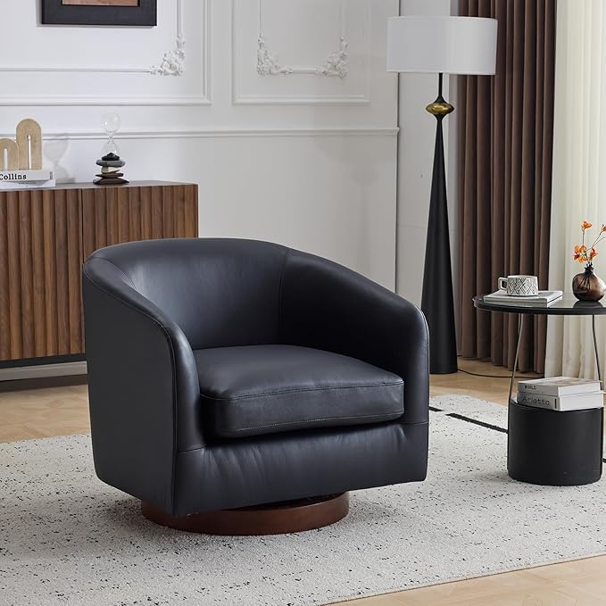 AEDI Genuine Leather Swivel Accent Chair with Solid Wood Base, Upholstered Barrel Armchair for Living Room, Modern Small Club Chair,Dark Blue