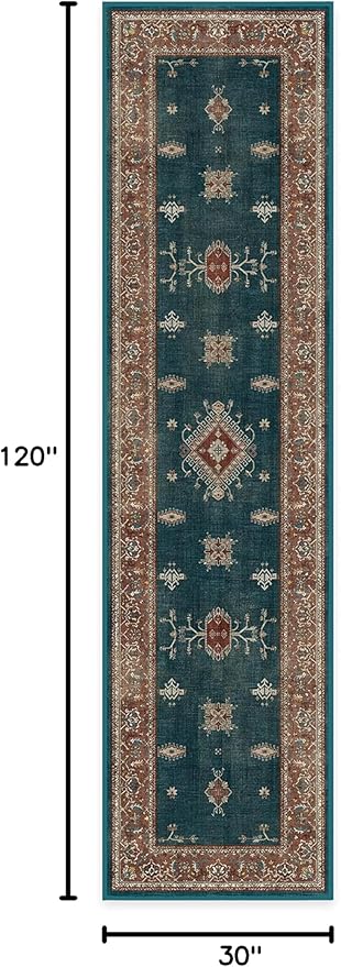 RUGGABLE Washable Vintage Runner Rug – Verena Teal Blue 2.5x10, Stain-Resistant, Non-Slip Hallway Runner – Machine Washable Rug for Hallway, Entryway, Living Room & Kitchen–with Standard Pad