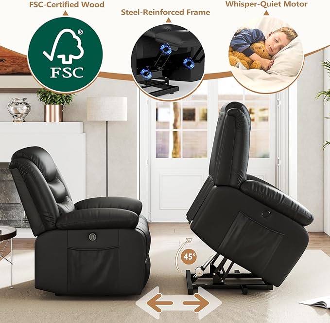 ANJ Black Power Lift Recliner Chair with Massage and Heat, PU Leather Overstuffed Electric Lift Chair for Elderly, Oversized Single Sofa Recliner with Side Pockets, Remote Control