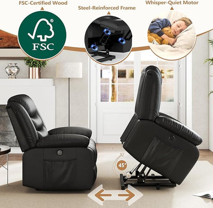 ANJ Black Power Lift Recliner Chair with Massage and Heat, PU Leather Overstuffed Electric Lift Chair for Elderly, Oversized Single Sofa Recliner with Side Pockets, Remote Control