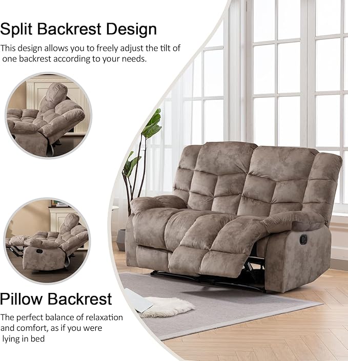 CANMOV Manual Loveseat Recliner, 2 Seat Recliner Sofa Chair with Armrest and Overstuffed Backrest, Couch Set for Living Room, Bedroom, Office, Light Brown
