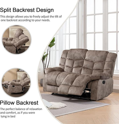 CANMOV Manual Loveseat Recliner, 2 Seat Recliner Sofa Chair with Armrest and Overstuffed Backrest, Couch Set for Living Room, Bedroom, Office, Light Brown