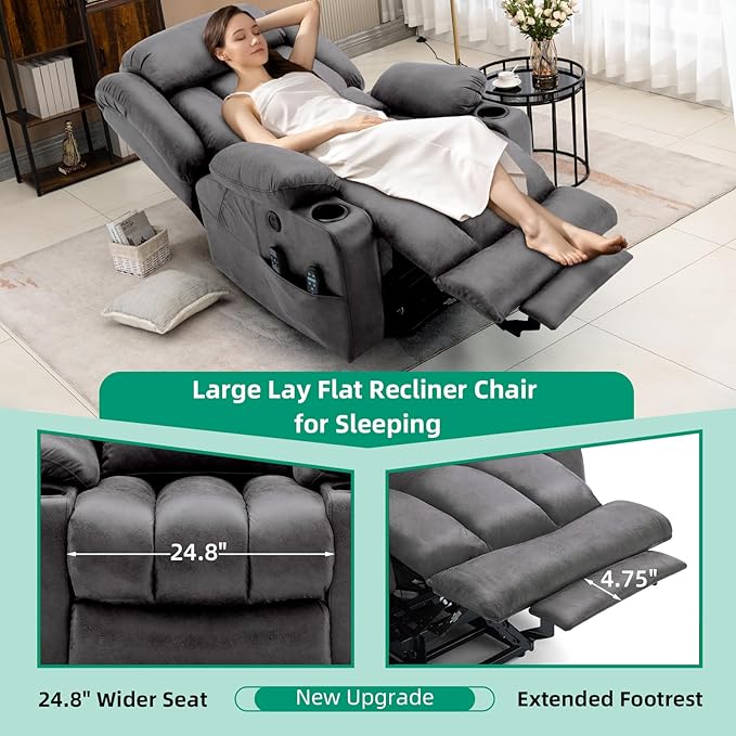 VIVIJASON Tall Man Dual Motor Power Lift Recliner Chair with Extended Footrest, Oversized Lay Flat Sleeper Electric Recliner W/Heat & Massage, Lumbar Pillow, USB & Type-C Ports, Infinite Position