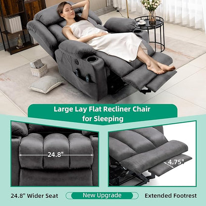 VIVIJASON Tall Man Dual Motor Power Lift Recliner Chair with Extended Footrest, Oversized Lay Flat Sleeper Electric Recliner W/Heat & Massage, Lumbar Pillow, USB & Type-C Ports, Infinite Position