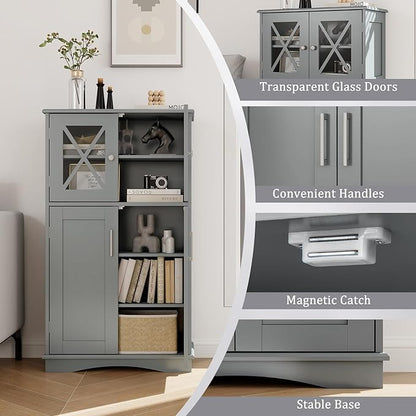 Giantex Bathroom Floor Storage Cabinet - Linen Floor Cabinet with Doors and Adjustable Shelves, Freestanding Side Storage Organizer for Bathroom, Living Room, Entryway, Kitchen Storage Unit (Grey)