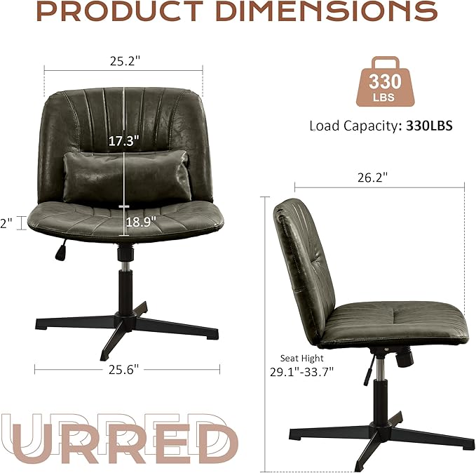 URRED Criss Cross Office Chair, Armless Cross-Legged Desk Chair with Fixed Legs, Height Adjustable Wide Seat Task Vanity Chair for Home Office or Bedroom (Green)