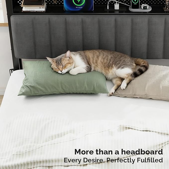 VINGLI King Size Headboard Only, Adjustable Upholstered Headboard with 3 Tier Shelves and Pegboard with Charging Stations and LED Lights, Modern Bed Headboard with Storage for Bedroom Decor