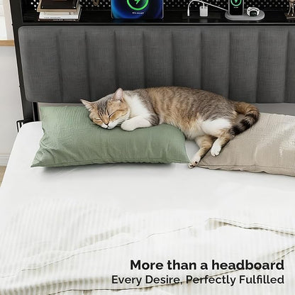 VINGLI King Size Headboard Only, Adjustable Upholstered Headboard with 3 Tier Shelves and Pegboard with Charging Stations and LED Lights, Modern Bed Headboard with Storage for Bedroom Decor