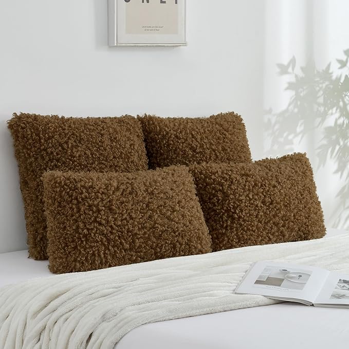 FUTEI Brown Decorative Throw Pillow Covers 22x22 Inch Set of 2,Soft Fluffy Faux Wool Fur Boucle Textured Cushion Case,Modern Home Decor for Couch Bed Living Room Office