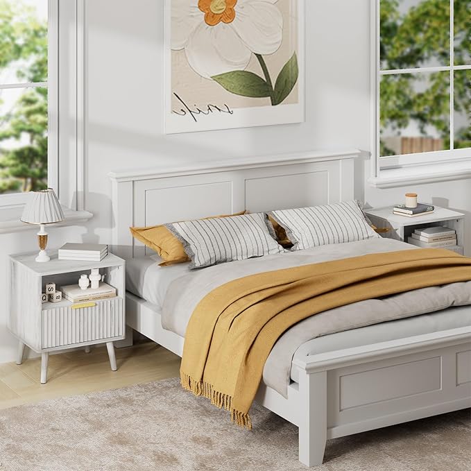 LYNSOM Fluted Dresser and Nightstand Sets 2 Piece, 1-Drawer Nightstands and 7-Drawers Dresser, Wood Bedroom Furniture Set for Home, Bedroom, Hallway, White