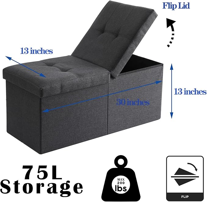 CUYOCA Storage Ottoman Bench Foldable Seat Footrest Shoe Bench End of Bed Storage with Flipping Lid, 75L Storage Space, 30 inches Linen Fabric Dark Grey