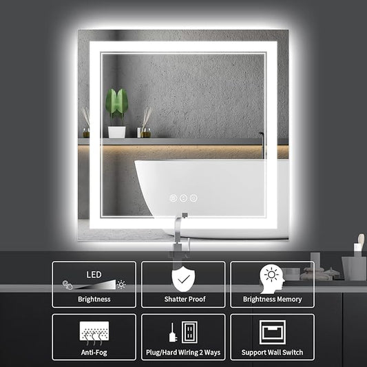 36 x 36 Inch Led Mirror for Bathroom, Backlit and Front Lighted Bathroom Vanity Mirror with Lights, Anti-Fog, 3 Colors Dimmable, Memory, Shatterproof Wall Led Mirror